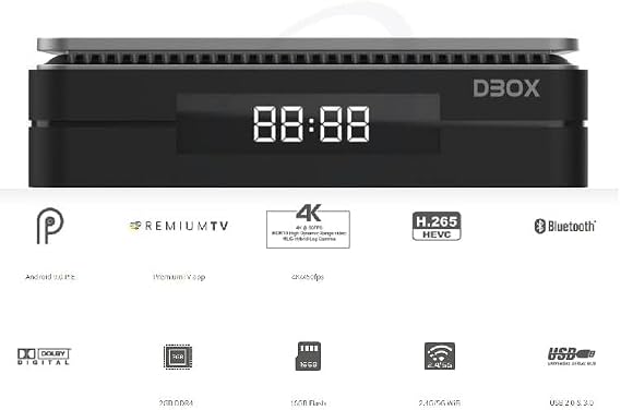 xsarius made to enjoy dbox 4k android 9 tv box gigabit lan bluetooth 5.0 dolby digital 2-in-1 bluetooth remote control wifi wifi livetv app hdr10 + 2gb 16gb + hm-sat hdmi cable