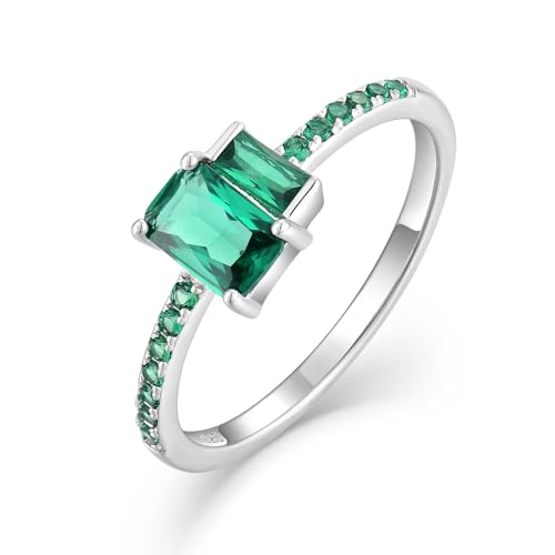 925 Sterling Silver Half Eternity Band Ring for Women - Emerald/Sapphire Cubic Zirconia Thin Stackable Birthstone Stacking Rings Size 5-10