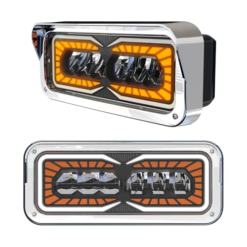 VistRay 2PCS LED Trunk Headlight White Halo & Amber Signal Compatible with PETERBILT 379 378 365 357/KENWORTH W900 T800 T600/Freightliner Classic/Western Star6900 4900 48004x6 LED Replacement