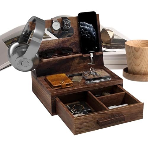 Organizador de mesita de noche para mesita de noche, cajón de estación de acoplamiento de teléfono de madera, organizador de mesita de noche con cajón para hombres y mujeres, para reloj, tabletas