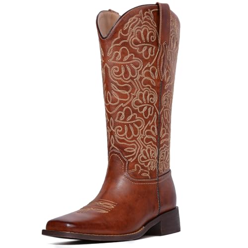 Image of Western Cowboy Boots for Women Knee High Cowgirl Boots with Classic Embroidered, Pointed Toe Chunky Heel Fashion Retro Classic Pull On Tall Boot Women Fall Winter