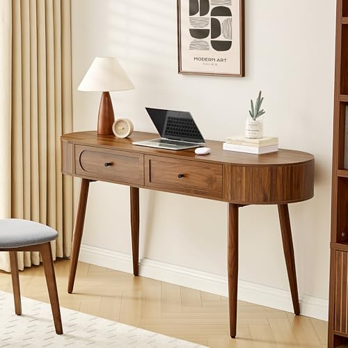Mid-Century 59' Wood Writing Desk, Home Office Computer Laptop Desk with 2 Flip Storage Space + 2 Drawer, 150 CM Elegant Fluted Vanity Table Multifunctional Study Desk for Office, Bedroom (Wlanut)