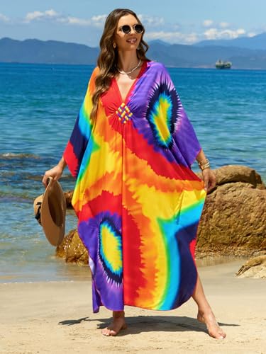 Image of IMAGEKOPE Women's Plus Size Animal Print V-Neck Batwing Kaftan Beach Dress Bathing Suit Cover-Up Loungewear