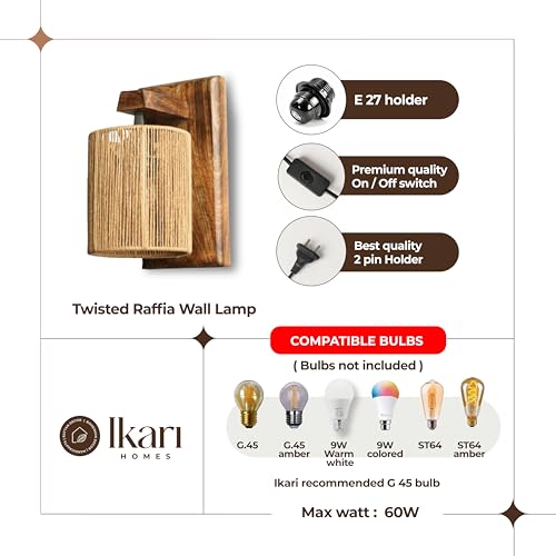 Image of Ikari Homes Rustic Wooden Wall Lamp I Cylindrical Raffia Shade I Vintage Wall Lamp I Boho Wall lamp for Bedroom /Balcony /Living Room /Outdoor /Entrance - Size 10 by 5 in (Twisted Raffia)