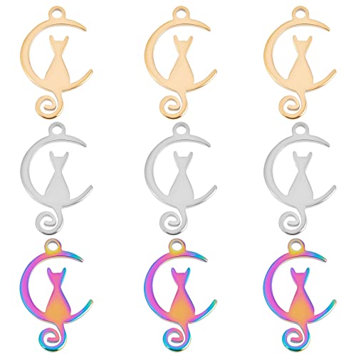 Beebeecraft 30pcs 3 Couleurs Breloque Chat Lune en Acier Inoxydable Chat dans la Lune Pendentifs Breloque Pendentifs Célestes Fournitures D'Artisanat pour Bracelet à Bricoler Soi-Même Collier Cover