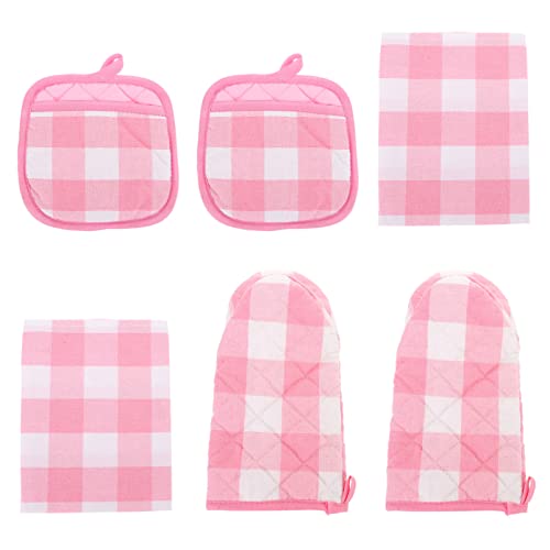 Mobestech Bbq Gloves 6Pcs Buffalo Check Plaid Oven Mitts And Pot Holders Set Pure Cotton Potholders Washable Gloves With Hanging For Kitchen Baking Cooking Grilling -Pink Grill Gloves #TOP5