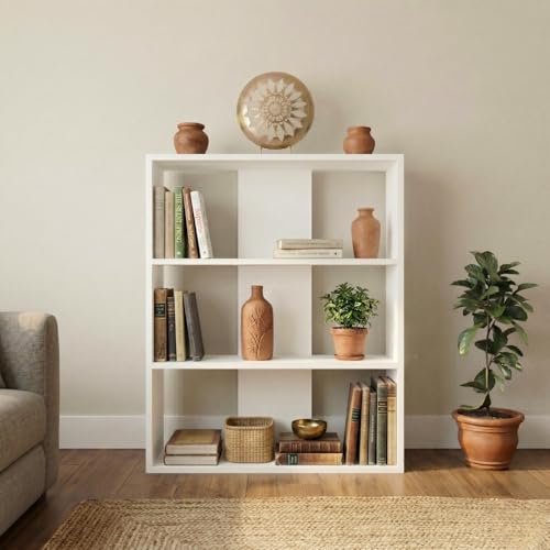 Image of DFC Element Fern Engineered Wood Bookshelf Open Storage Book Rack Shelf Organizer Display Bookcase for Home Library Living Room Study Room 3 Shelf White Finish