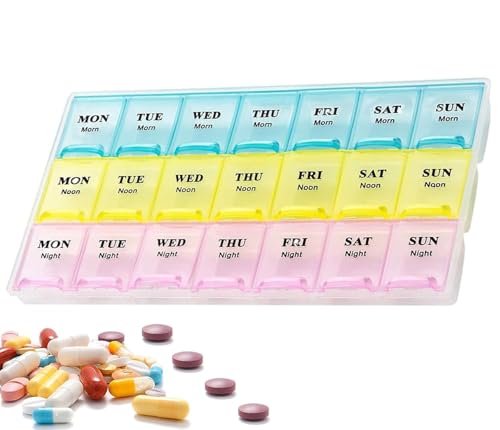 Eastrise Large 21-Day Weekly Pill Box Organiser - 3x7 XL Compartments Travel Medicine Box with Lockable Dust-Proof Design BPA-Free Tablet Organiser for Weekly Medication Management (Colourful)
