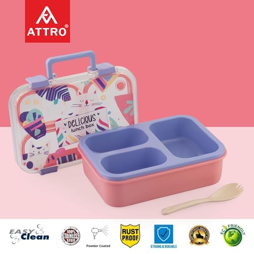 Image of ATTRO Kitty Kart Plastic Lunch Box - 3 Compartment Bento Tiffin, Leak-Proof & Durable, Plastic Cutlery, Ideal for Kids, School,Picnic - 800ml, Pink Purple