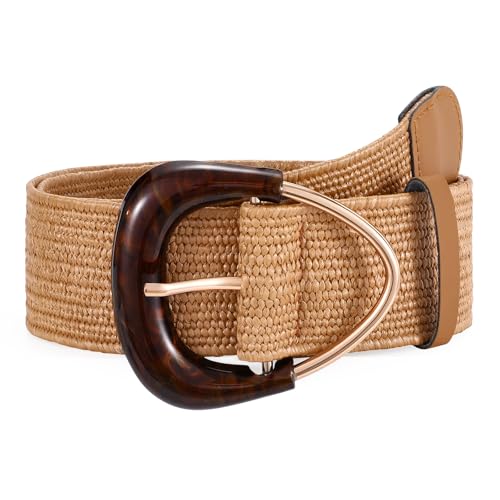 JASGOOD Straw Woven Elastic Waist Belt for Dresses Women Wide Boho Stretch Rattan Belt with Triangle Buckle