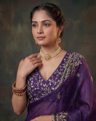 Image of SIRIL Women's Tissue Silk Scalloped Border Embroidery Saree with Unstitched Blouse Piece