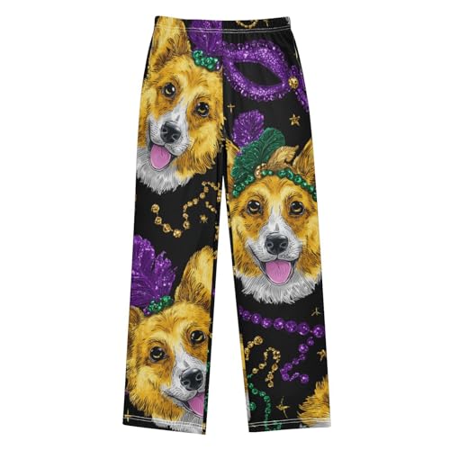 Corgi Dog Mardi Gras Beads Boys Long Pants Soft Trousers Elastic Waist Kids Lounge Bottoms with Pockets S-XL