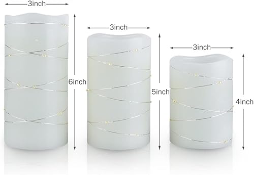 Miniatura 8 de H-BLOSSOM Velas parpadeantes sin llama, pilar de cera real color marfil con cadena de luces incrustadas, velas LED que funcionan con pilas con