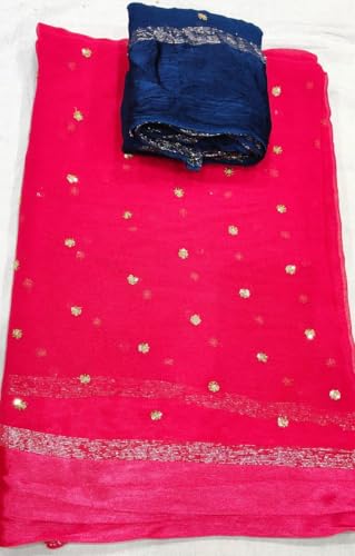 Image of Pure Georgette Sequence Work Saree with Contrast Blouse, Satan Patta Fabric