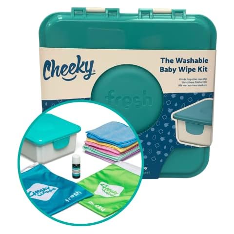 Cheeky Wipes Reusable Hands & Face Kit - 25 Washable Rainbow Micro Fibre Baby Wipes, 15x15cm, Fresh Wipes Storage Container, Fresh Travel Bag & Mucky Wipes Bag, Includes Fresh Essential Oil Baby Wipes Soaking Solution (10ml) Cover