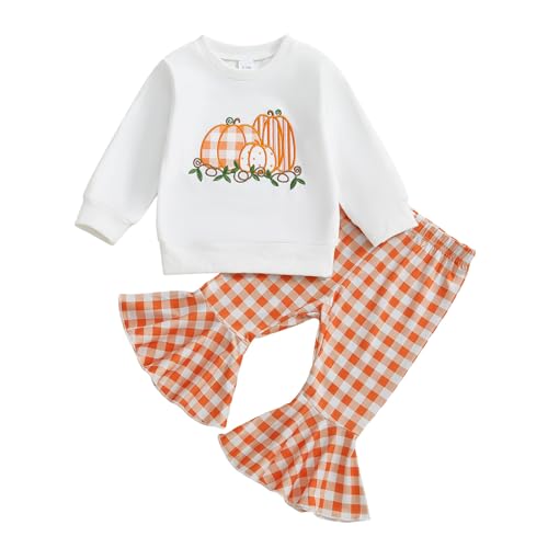 Toddler Baby Girl Halloween Outfit Pumpkin Embroidery Long Sleeve Sweatshirt Tops Plaid Flared Pants Set Fall Clothes