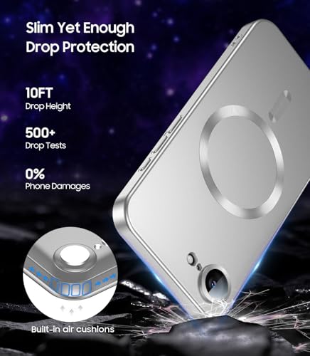 Image of DIZORO Magnetic Case for iPhone 17e / iPhone 16e Case [Compatible with MagSafe][Built-in Camera Lens Protector] Slim Soft Silicone Bumper Shockproof Metallic Luster Back Cover Phone Case (Silver)