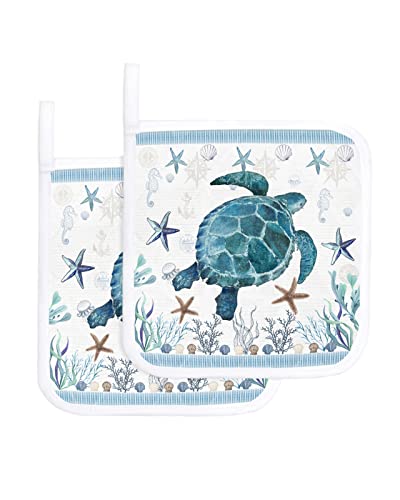 2 Pack Pot Holders Heat Insulation Potholder, Sea Turtle Hot Pads Multipurpose Oven Pads Terry Cloth Potholders For Kitchen Cooking Baking Dining Table Ocean Themed Starfish Seaweed #TOP13