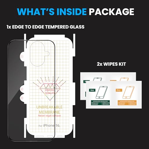 Image of ArmourPro Tempered Glass for iPhone 16 with Back Clear Membrane Guard, Edge to Edge Screen Protector, Anti-Bubble, Anti-Fingerprint, Oil Resistant, Installation Kit | Black