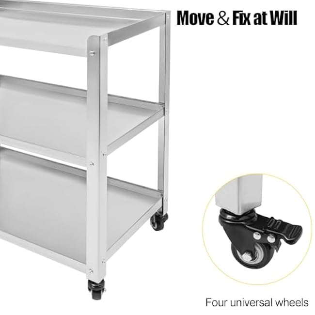 Stainless Steel Table with Wheels, 3-Tier Rolling Cart, Stainless Steel Kitchen Trolley Cart | 300lbs Load Capacity | 4 Universal Wheels | Silver | 31X16X34in-ITUbh1Mh