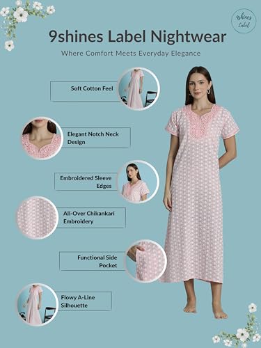 Image of 9shines Label Stylish Chikankari Cotton Nighty Maxi for Women | Full Length Nightgown | Nightdress with Pocket | Embroidery Nighty | Soft Comfortable Cotton Nightwear (1545)