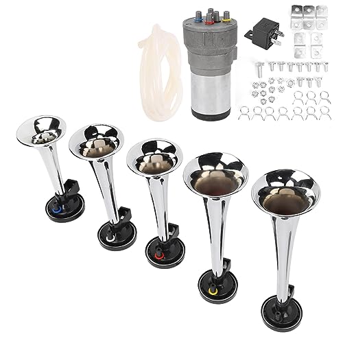 Tbest Aire Trompeta Set 5 Trompeta 12V Heavy Duty Cromo Musical Aire Cuerno con Compresor relé Manguera...