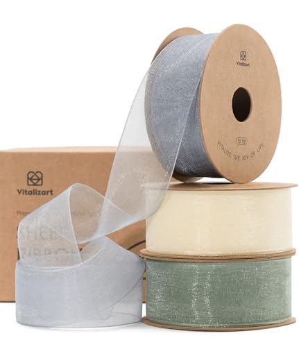 Vitalizart White & Blue & Green Organza Ribbon, 1'' x 30YD (3 Rolls*10YD)