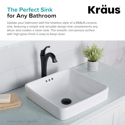 KRAUS Elavo Square Semi-Recessed Vessel White Porcelain Ceramic Bathroom Sink with Overflow, 16 1/2 inch KCR-281 - Thumbnail 4