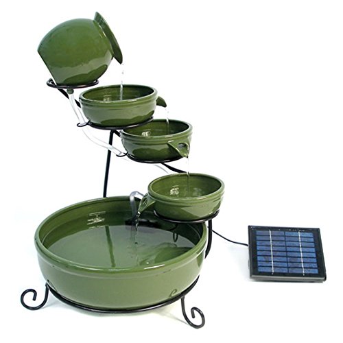 Primrose 55cm Green Solar Powered Ceramic Jug & Bowl Outdoor Water Feature with Battery Backup and LED Lights & Mains Power Cord