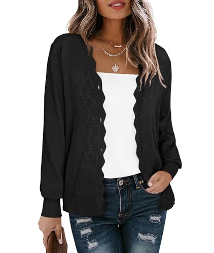 LILBETTER Womens Button Down Open-Front Soft Stretchy Knit Light Casual Sweatshirt Cardigan(Black Large)