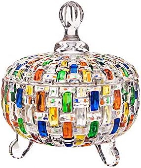 Magcolor Elegant-Hand Painted Colorful Woven Glass Crystal Candy Box candy servers candy jarswith Lid Food Jewelry Box Storage Jar Great Gift for Family Friends-24 oz,6.9''x3''x5.9''