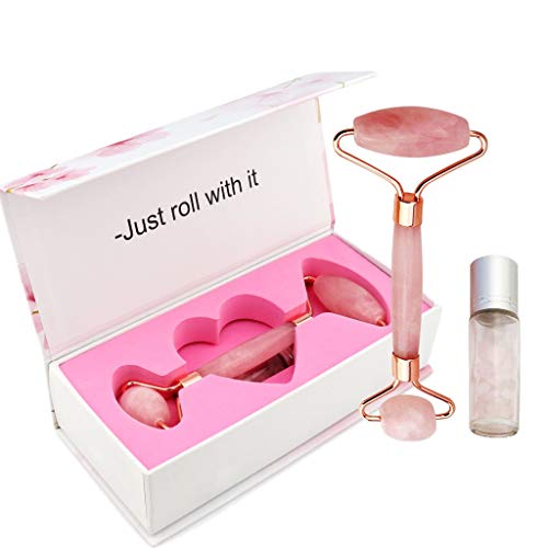 ROSE QUARTZ ROLLER FOR FACE - 2-in-1 Rose Quartz Face Roller with Mini Gem Bottle For Essential Oils - Natural Facial Jade Roller