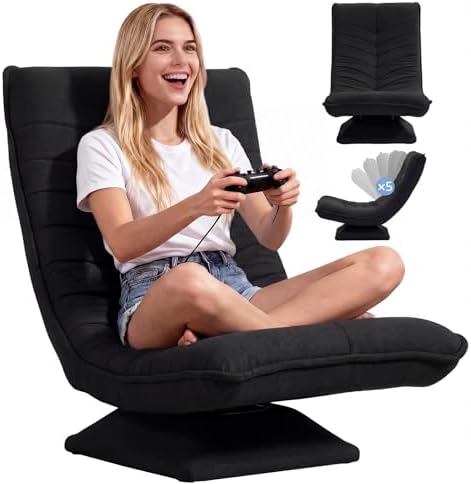 Asukale Sessel Wohnzimmer Bodenstuhl 360° Drehbar, Montagefrei, Schwarz | Verstellbarer Rückenlehne, Klappbar, Belastbar bis 150 kg, 60 x 105 x 87 cm, Ideal als Gaming Sessel oder