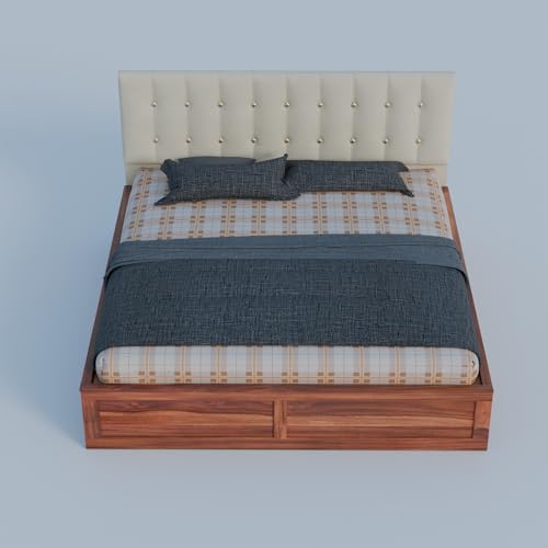 Image of Sheesham Wood Queen Size Bed with Storage Box | Upholstered Beds | Platform Cot with Cushioned Headboard | Double Bed for Home | Recommended Mattress 78x60 Inch | Cream & Honey Finish