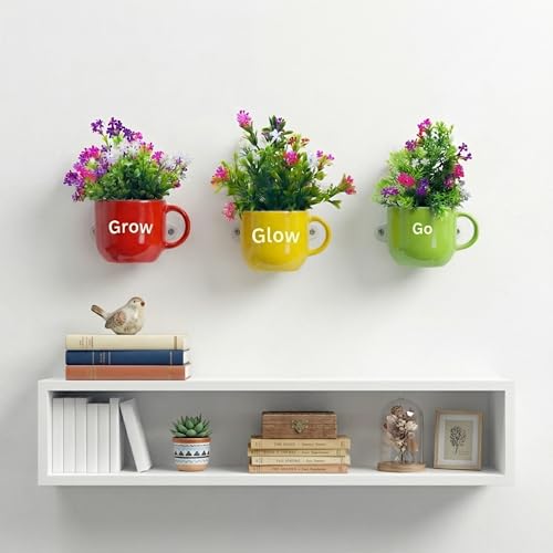 Image of Dekorly Wall Hanging Mug Planters with Artificial Flowers (20CM) - Decorative Hanging Cups, Colorful Floral Wall Decor for Living Room Bedroom Balcony Office Gift Set (3, Grow Glow Go)