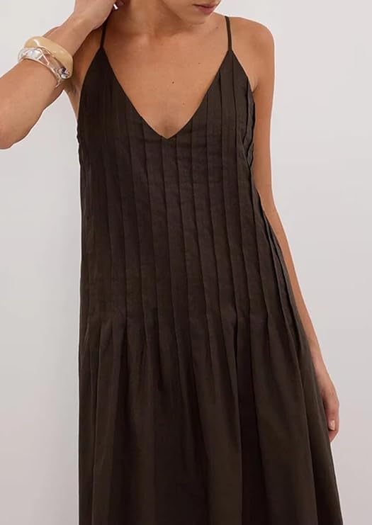 Women Summer Dresses Pleated Maxi Dresss Sleeveless Spaghetti Strap V Neck Beach Vacation Long Flowy Sundress - Image 4