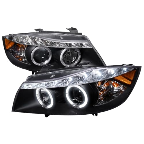 Sedan Dual Halo Projector Headlights w/LED Light Strip (Black Housing/Clear Lens) Made for and Compatible with 2006-2008 BMW E90 3 Series