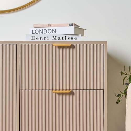 OHS Decorative Ribbed Wooden Sideboard Cabinet with 2 Doors and 3 Drawers for Living Room, Hallway, and Kitchen - Taupe Finish, 120 x 40 x 77cm - Image 2