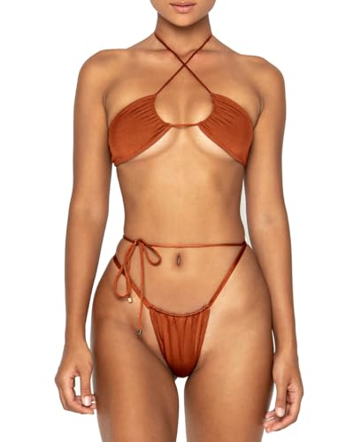 Women Cheeky Bikini Set Halter Thong Solid Color Adjustable Cinched String Two Piece Brazilian Swimsuit Triangle Bathing