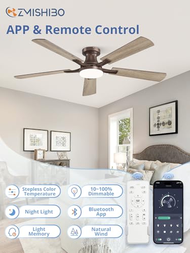 Image of ZMISHIBO 52 Inch Ceiling Fan with Light, App&Remote Control, Flush Mount Low Profile, Dimmable 20W LED Light, Quiet Reversible Motor for Bedroom, Living Room, Apartment, Brown