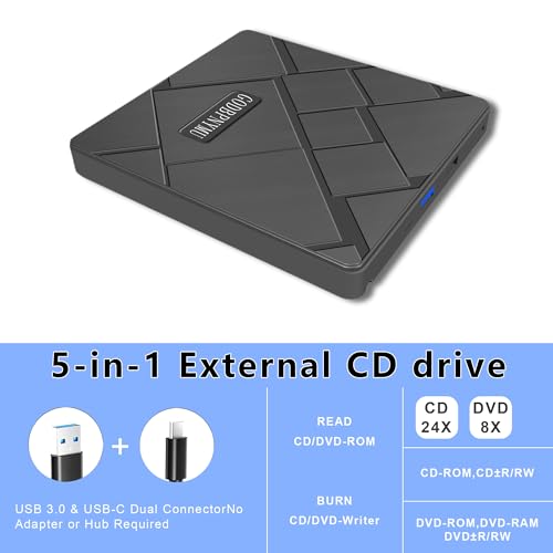 Image of External CD /DVD Drive, USB-C /USB 3.0 CD Burner DVD Player, Compatible with MacBook, iMac, Windows 11 /10 /8 /7 laptops and PCs, Portable disc Reader with Carrying case