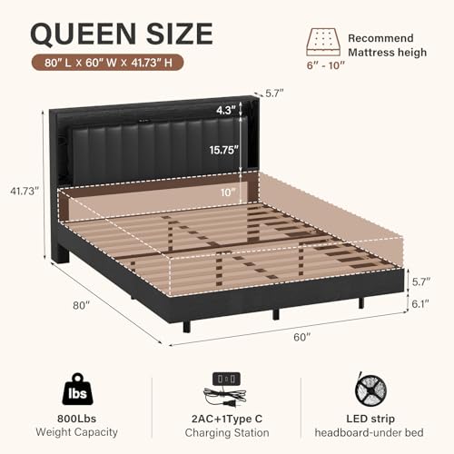 Belffin Queen Size Floating LED Bed Frame, Modern Bed with Storage, Black - Image 2