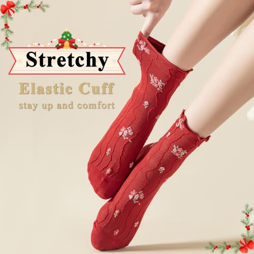 Image of Womens Ruffle Crew Socks Vintage Patterned Ankle Casual Fashion Dress Sock Cute Lettuce Floral Socks 5 /6 Pack