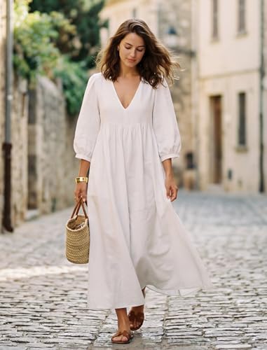 Image of Celmia Autumn Solid Loose Long Maxi Dress Cotton Caftan