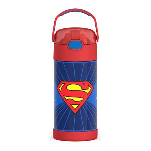 THERMOS FUNTAINER - Botella de agua con pajilla, 12 onzas, botella de agua de acero inoxidable aislada al vacío para niños, con tapa, Superman