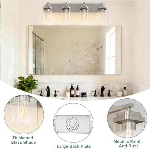 Image of Brushed Nickel Bathroom Light Fixtures, 4 Lights Bathroom Lighting Fixtures Over Mirror, Square Design & Rectangle Large Backplate, Modern Vanity Lighting Fixtures, for Living Room /Bedroom