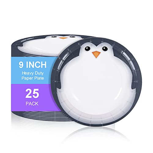 Disposable Round Paper Plates, Biodegradable Eco Friendly Material Picnic Birthday Party Dinnerware, 25 Counts, Penguin #TOP30