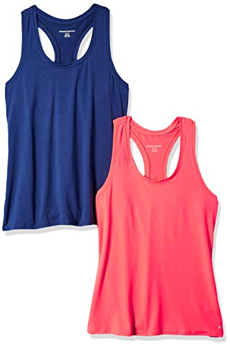 Amazon Essentials Women's 2-Pack Tech Stretch Relaxed-Fit Racerback Tank Top, Bright Pink/Navy, Large