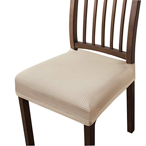 DyFun Chair Seat Covers Knit Chair Protector for Dining Room Removable Washable Anti-Dust Stretch Spandex Upholstered Chair Seat Slipcovers (2 pcs, Beige)