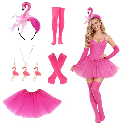 GWAWG Karneval Flamingo Kostüm Damen 6 Stück, Rosa Tüllrock mit Flamingo Haarreif Halskette Ohrringe Handschuhe Socken, Faschingskostüm Damen Tier...